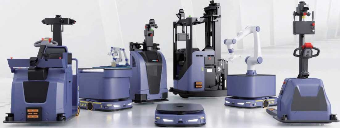 AdleRobot autonomous AMR forklifts in a warehouse